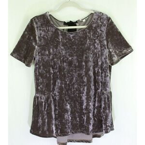 Pleione Crushed Velvet Top w/Ribbon Tie Short Sleeve Purple Womens Large